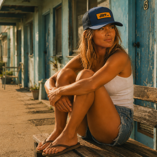 5-Panel Trucker — Slate Blue / Embroidered Gold Patch